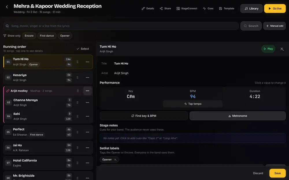 StageFloww setlist builder on a laptop: a numbered running order with keys, BPM, labels and a mashup, beside the details of the selected song