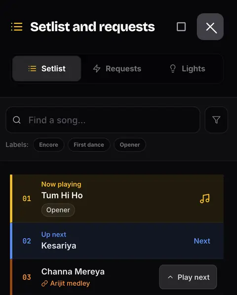 The setlist drawer in StageFloww Live Mode on a laptop: now playing, up next, and a Play next button beside a later song