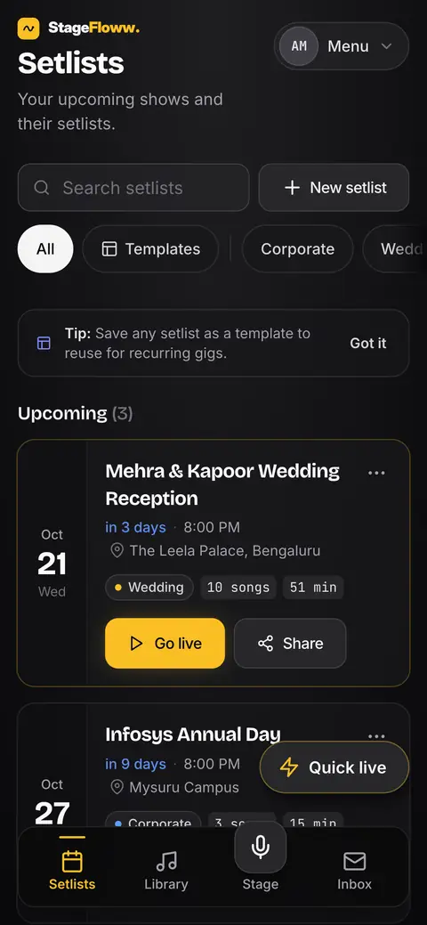 StageFloww Setlists screen listing upcoming shows with date, time, venue and a Go live button on each