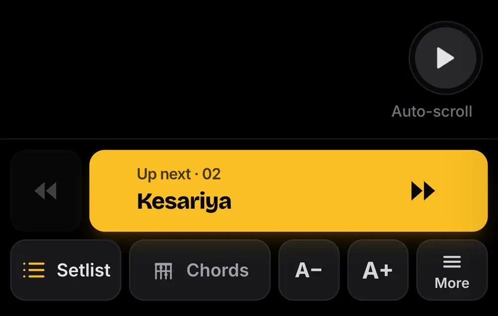 The bottom of StageFloww Live Mode on a phone: an auto-scroll button, an up-next bar naming the next song, and text size buttons
