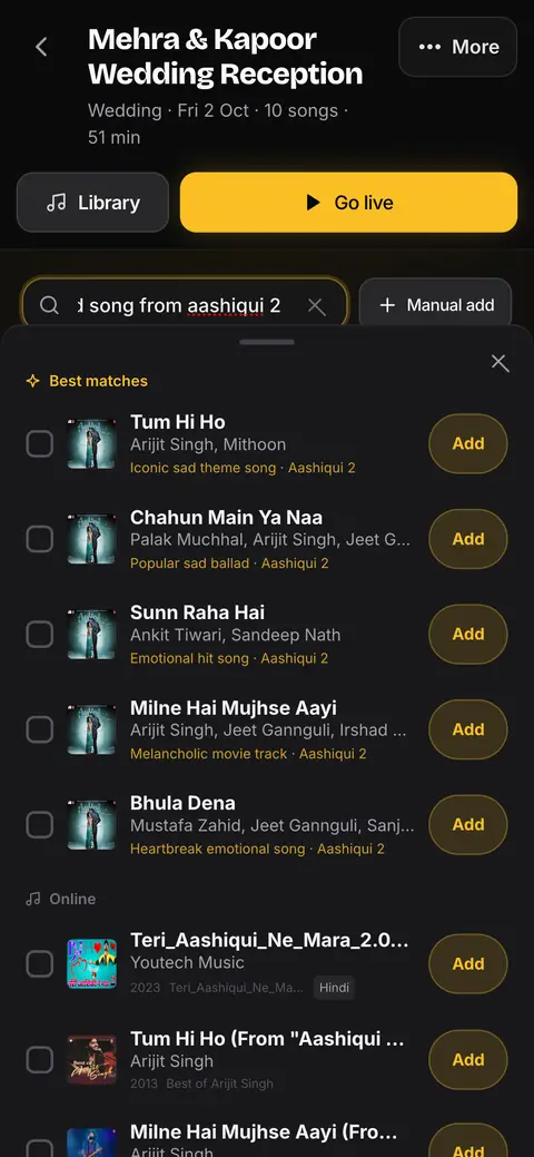 StageFloww search box with a typed description of a sad song from a named film, and a list of matching songs with Add buttons