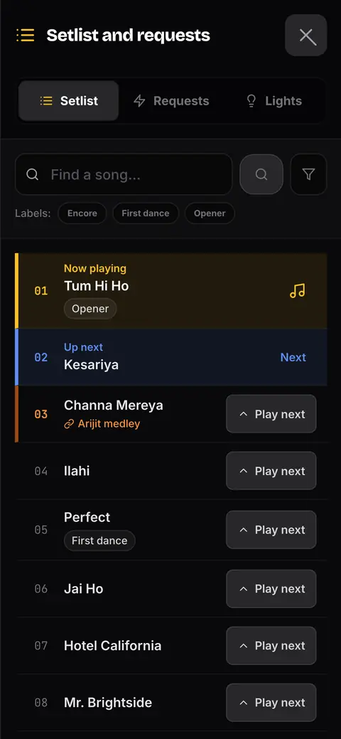 StageFloww live setlist drawer showing the song playing now, the song up next and a Play next button on later songs