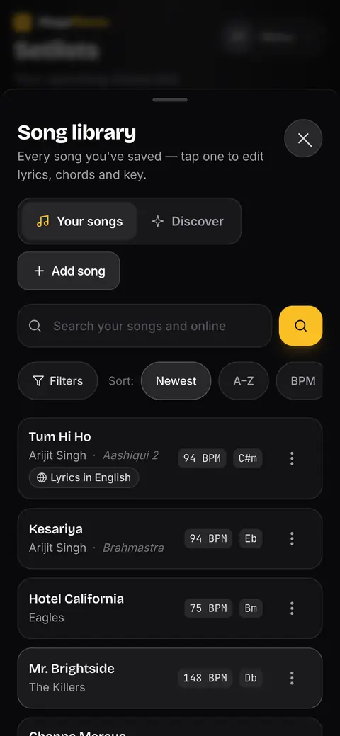 StageFloww song library listing saved songs with tempo and key, and a Lyrics in English badge on a song