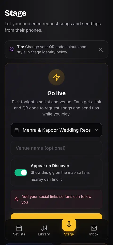 StageFloww Stage tab with the Go live panel: choose tonight's setlist, add a venue name and start taking requests and tips