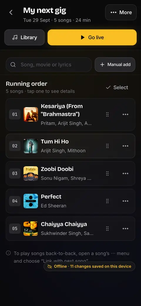 StageFloww running order for a gig, listing Hindi film songs and an English song with a search box above