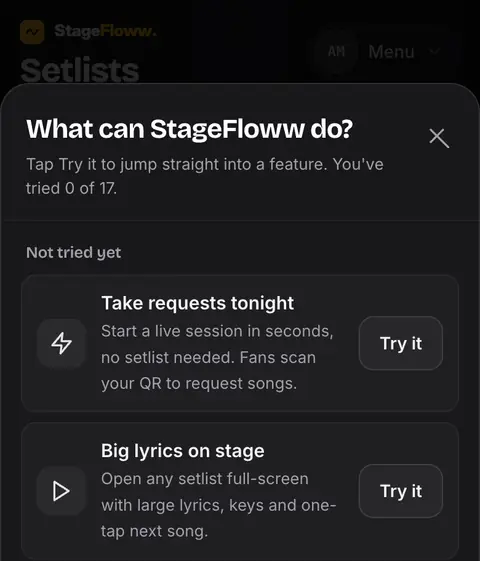 The top of the feature list inside StageFloww, headed What can StageFloww do, with a Try it button beside each feature